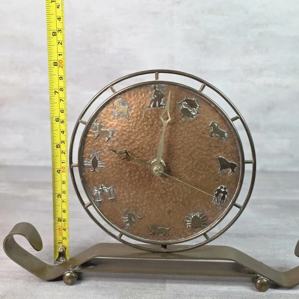 VTG Rare Art Deco Hammered Copper Zodiac Table Mantel Clock Brass Footed Works